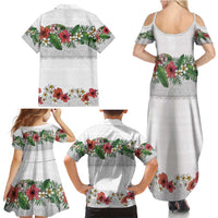 Hawaiian Tropical Flowers and Tribal Polynesian Tattoo Family Matching Summer Maxi Dress and Hawaiian Shirt White Color
