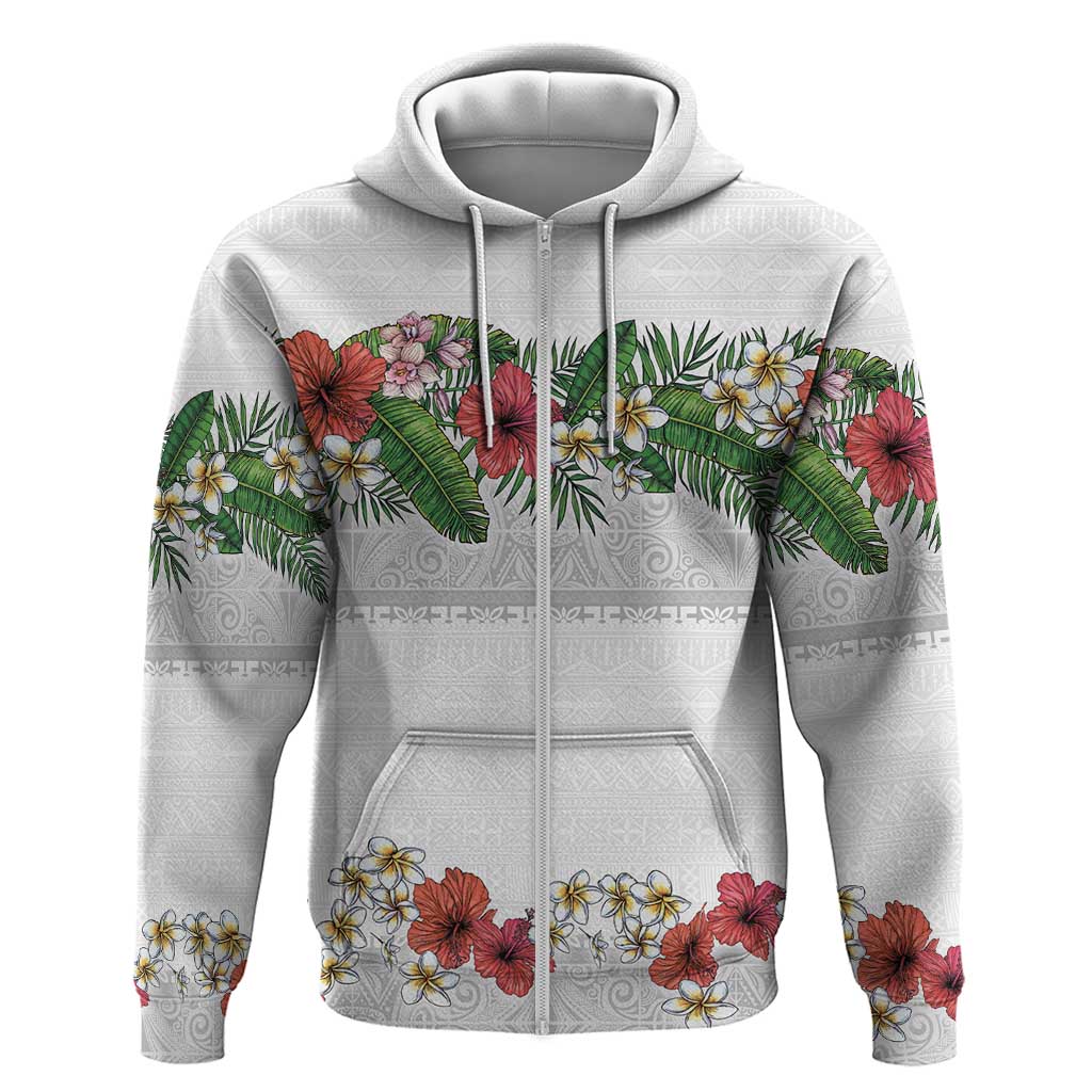Hawaiian Tropical Flowers and Tribal Polynesian Tattoo Hoodie White Color
