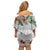 Hawaiian Tropical Flowers and Tribal Polynesian Tattoo Off Shoulder Short Dress White Color