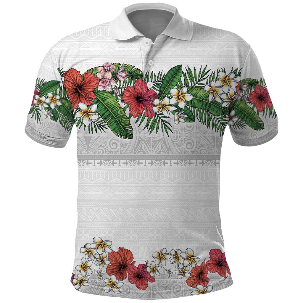 Hawaiian Tropical Flowers and Tribal Polynesian Tattoo Polo Shirt White Color