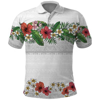 Hawaiian Tropical Flowers and Tribal Polynesian Tattoo Polo Shirt White Color