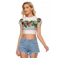 Hawaiian Tropical Flowers and Tribal Polynesian Tattoo Raglan Cropped T Shirt White Color