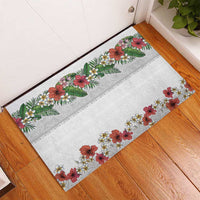 Hawaiian Tropical Flowers and Tribal Polynesian Tattoo Rubber Doormat White Color