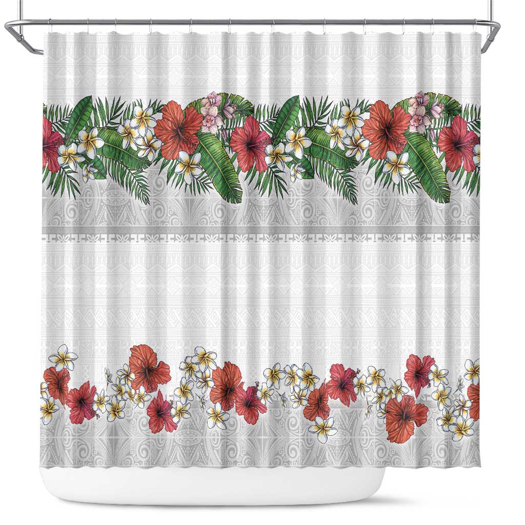 Hawaiian Tropical Flowers and Tribal Polynesian Tattoo Shower Curtain White Color