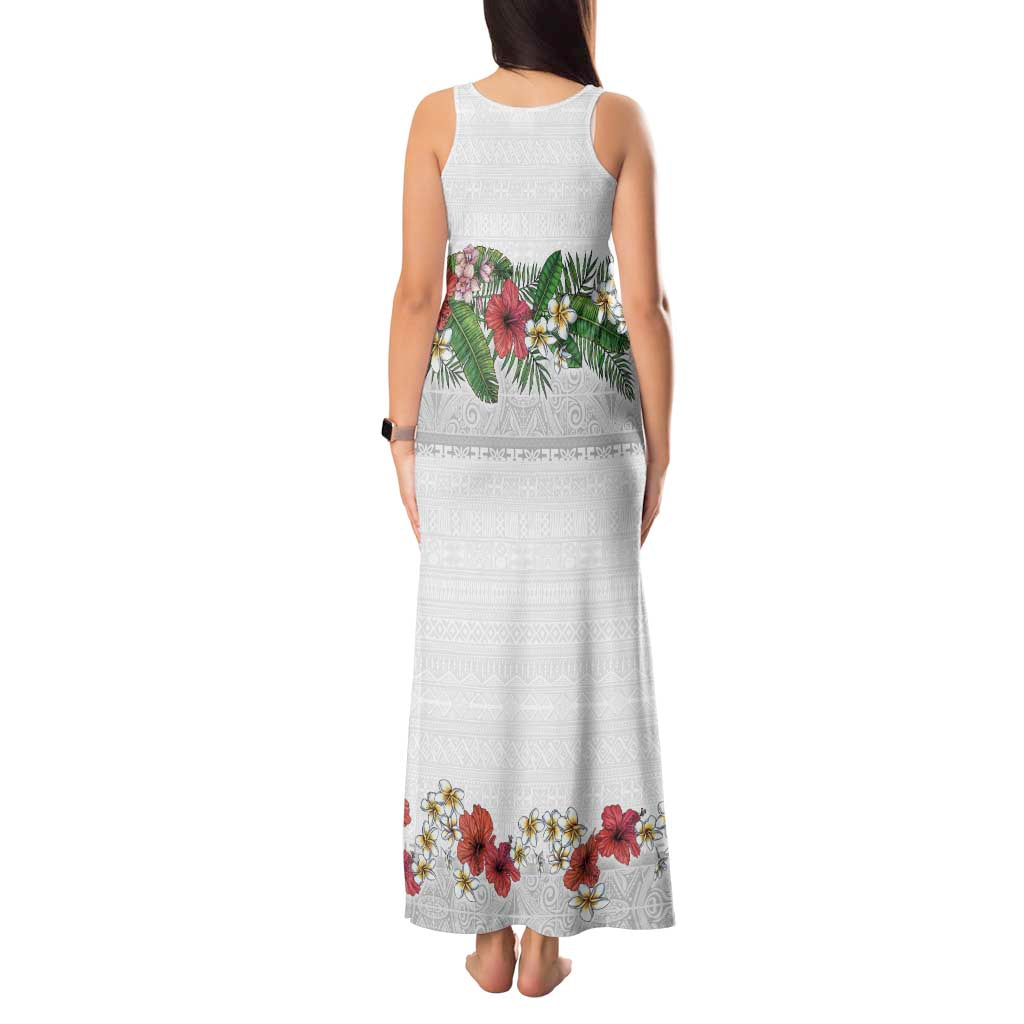 Hawaiian Tropical Flowers and Tribal Polynesian Tattoo Tank Maxi Dress White Color
