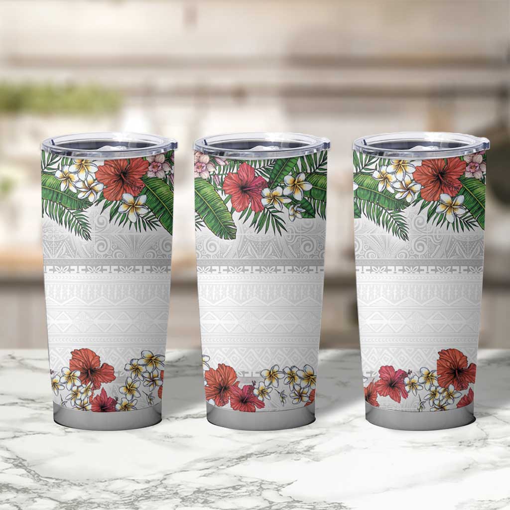Hawaiian Tropical Flowers and Tribal Polynesian Tattoo Tumbler Cup White Color