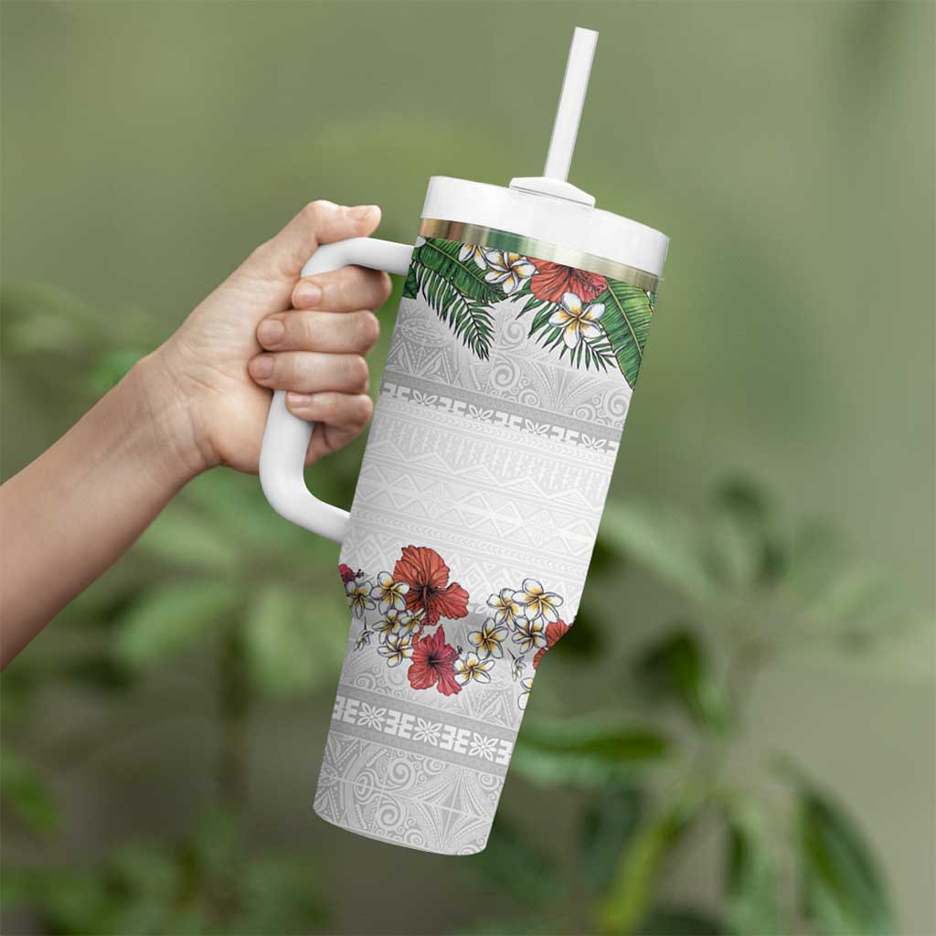 Hawaiian Tropical Flowers and Tribal Polynesian Tattoo Tumbler With Handle White Color