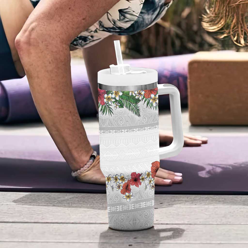 Hawaiian Tropical Flowers and Tribal Polynesian Tattoo Tumbler With Handle White Color