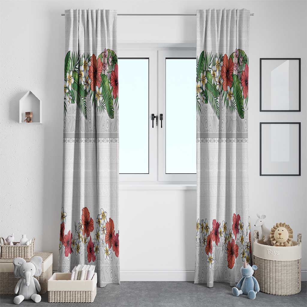 Hawaiian Tropical Flowers and Tribal Polynesian Tattoo Window Curtain White Color