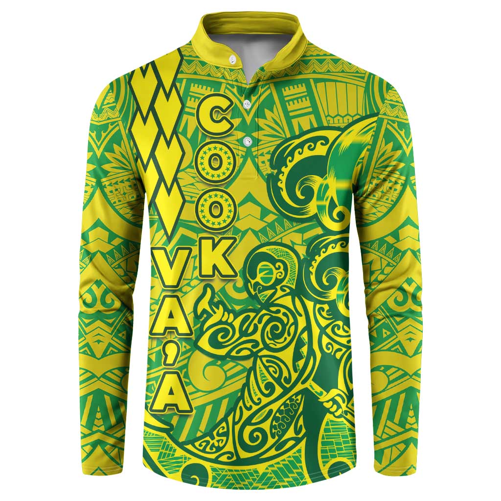 Cook Islands Va'a Polynesian Art Tattoo Button Sweatshirt National Color LT03 Green - Yellow - Polynesian Pride