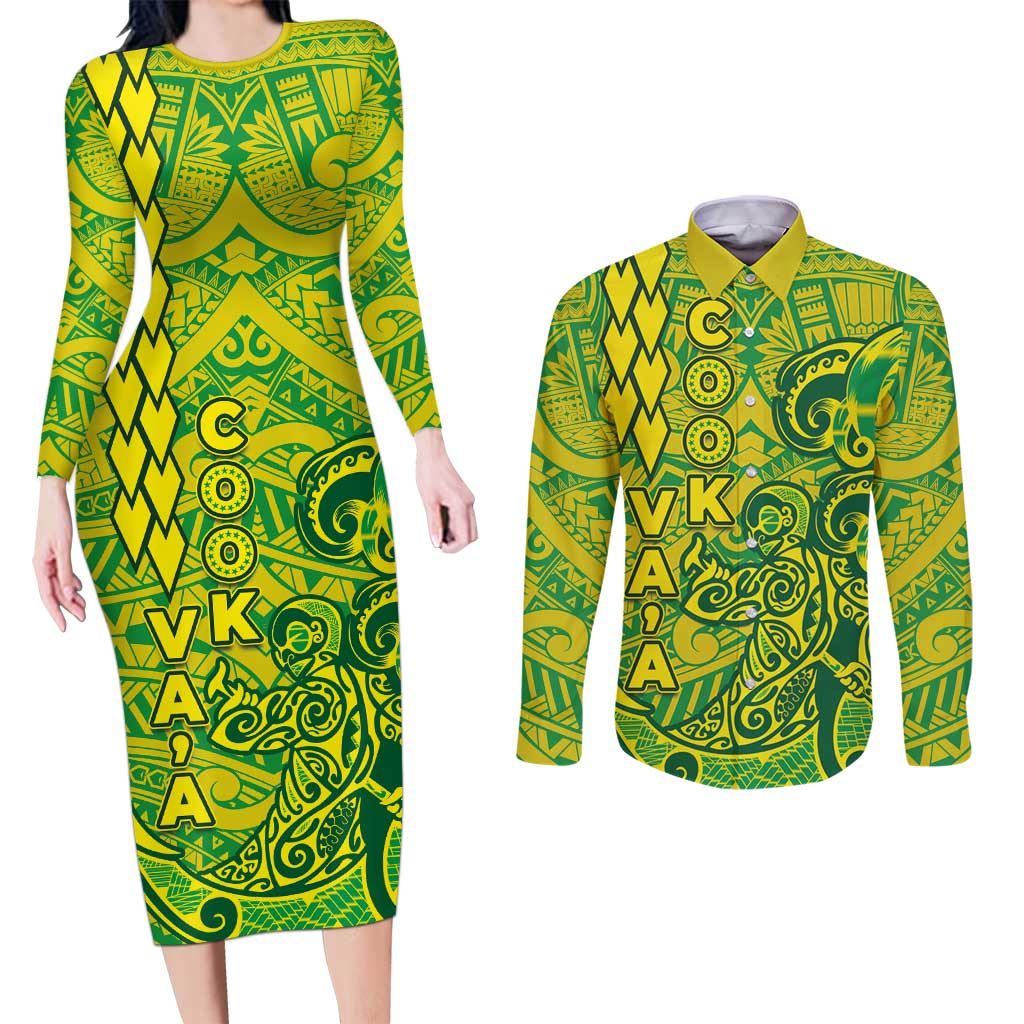 Cook Islands Vaa Polynesian Art Tattoo Couples Matching Long Sleeve Bodycon Dress and Long Sleeve Button Shirt National Color