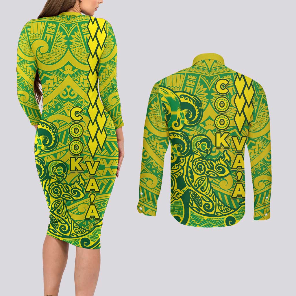 Cook Islands Vaa Polynesian Art Tattoo Couples Matching Long Sleeve Bodycon Dress and Long Sleeve Button Shirt National Color