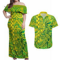 Cook Islands Va'a Polynesian Art Tattoo Couples Matching Off Shoulder Maxi Dress and Hawaiian Shirt National Color LT03 Green - Yellow - Polynesian Pride