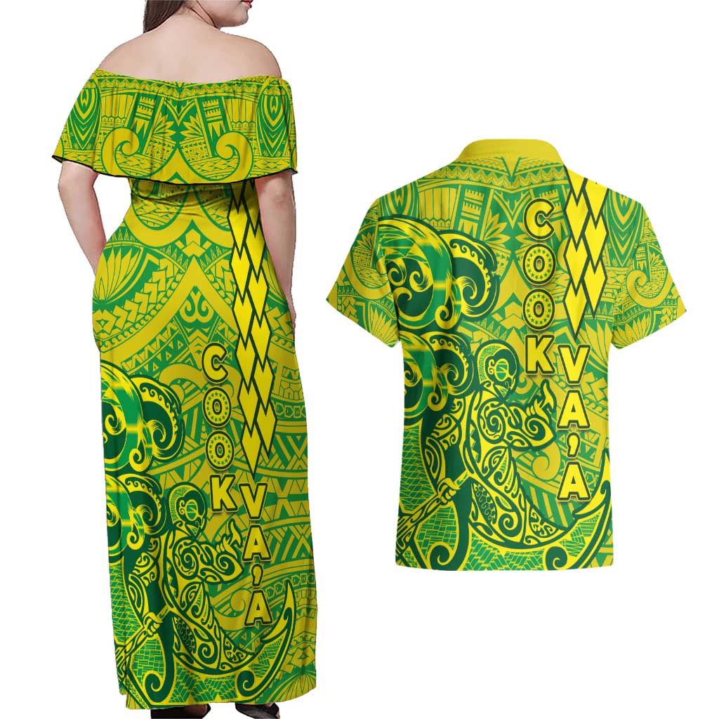 Cook Islands Va'a Polynesian Art Tattoo Couples Matching Off Shoulder Maxi Dress and Hawaiian Shirt National Color LT03 - Polynesian Pride