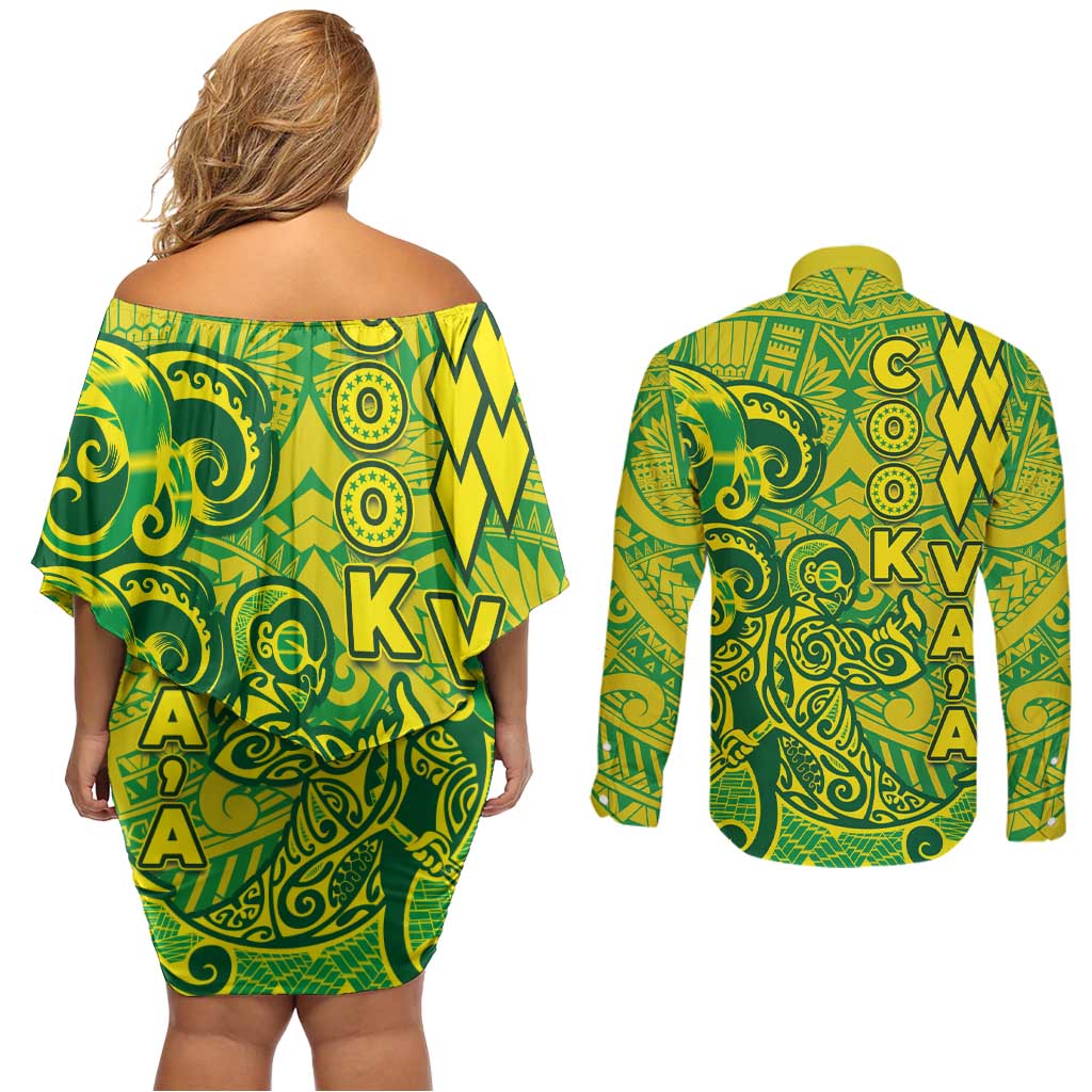 Cook Islands Vaa Polynesian Art Tattoo Couples Matching Off Shoulder Short Dress and Long Sleeve Button Shirt National Color