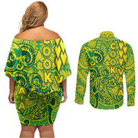 Cook Islands Vaa Polynesian Art Tattoo Couples Matching Off Shoulder Short Dress and Long Sleeve Button Shirt National Color