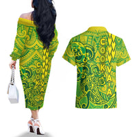 Cook Islands Vaa Polynesian Art Tattoo Couples Matching Off The Shoulder Long Sleeve Dress and Hawaiian Shirt National Color