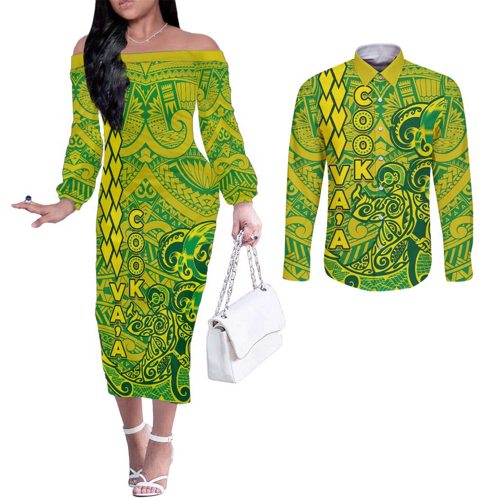 Cook Islands Vaa Polynesian Art Tattoo Couples Matching Off The Shoulder Long Sleeve Dress and Long Sleeve Button Shirt National Color