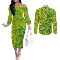 Cook Islands Vaa Polynesian Art Tattoo Couples Matching Off The Shoulder Long Sleeve Dress and Long Sleeve Button Shirt National Color