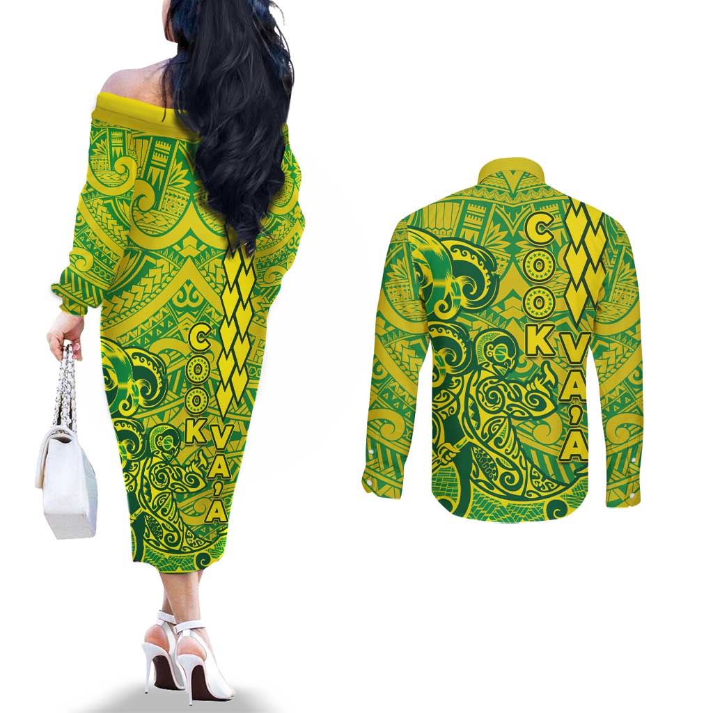 Cook Islands Vaa Polynesian Art Tattoo Couples Matching Off The Shoulder Long Sleeve Dress and Long Sleeve Button Shirt National Color