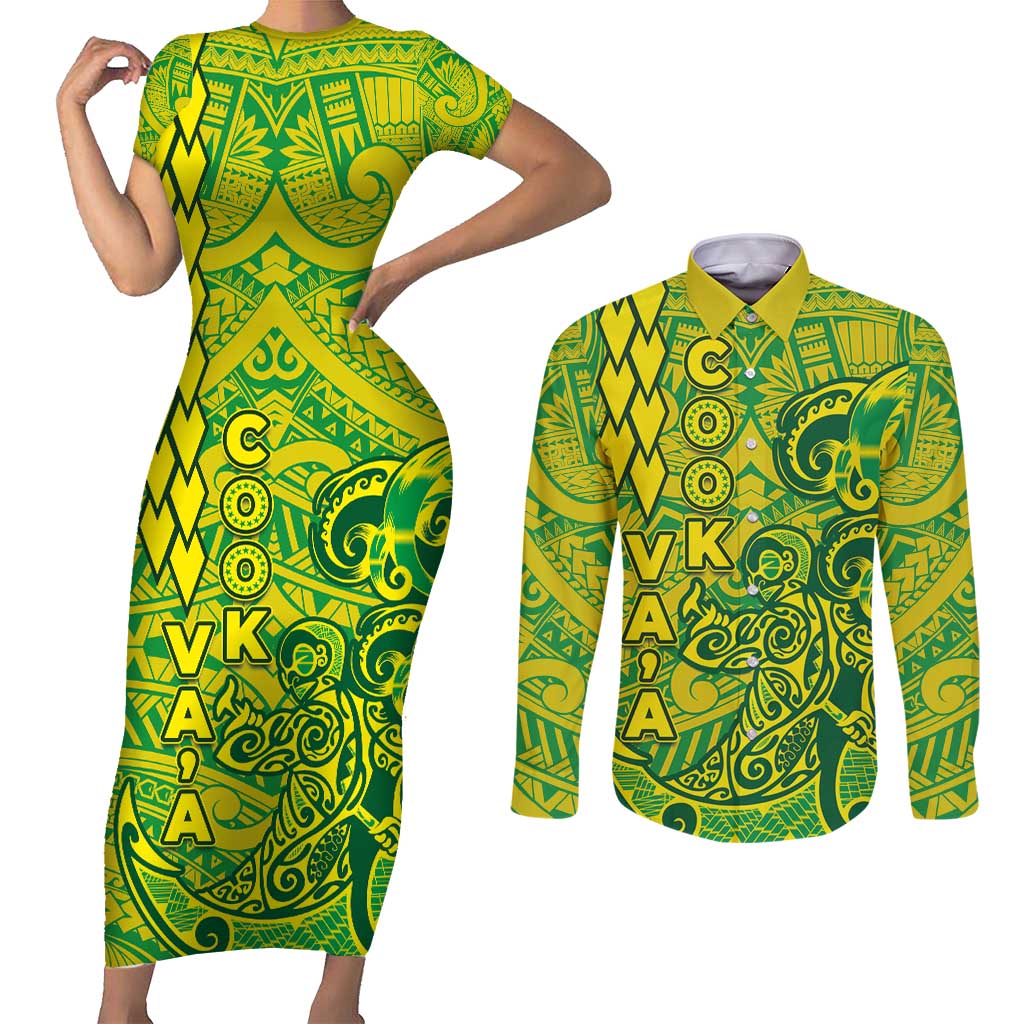 Cook Islands Vaa Polynesian Art Tattoo Couples Matching Short Sleeve Bodycon Dress and Long Sleeve Button Shirt National Color
