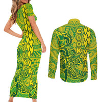 Cook Islands Vaa Polynesian Art Tattoo Couples Matching Short Sleeve Bodycon Dress and Long Sleeve Button Shirt National Color