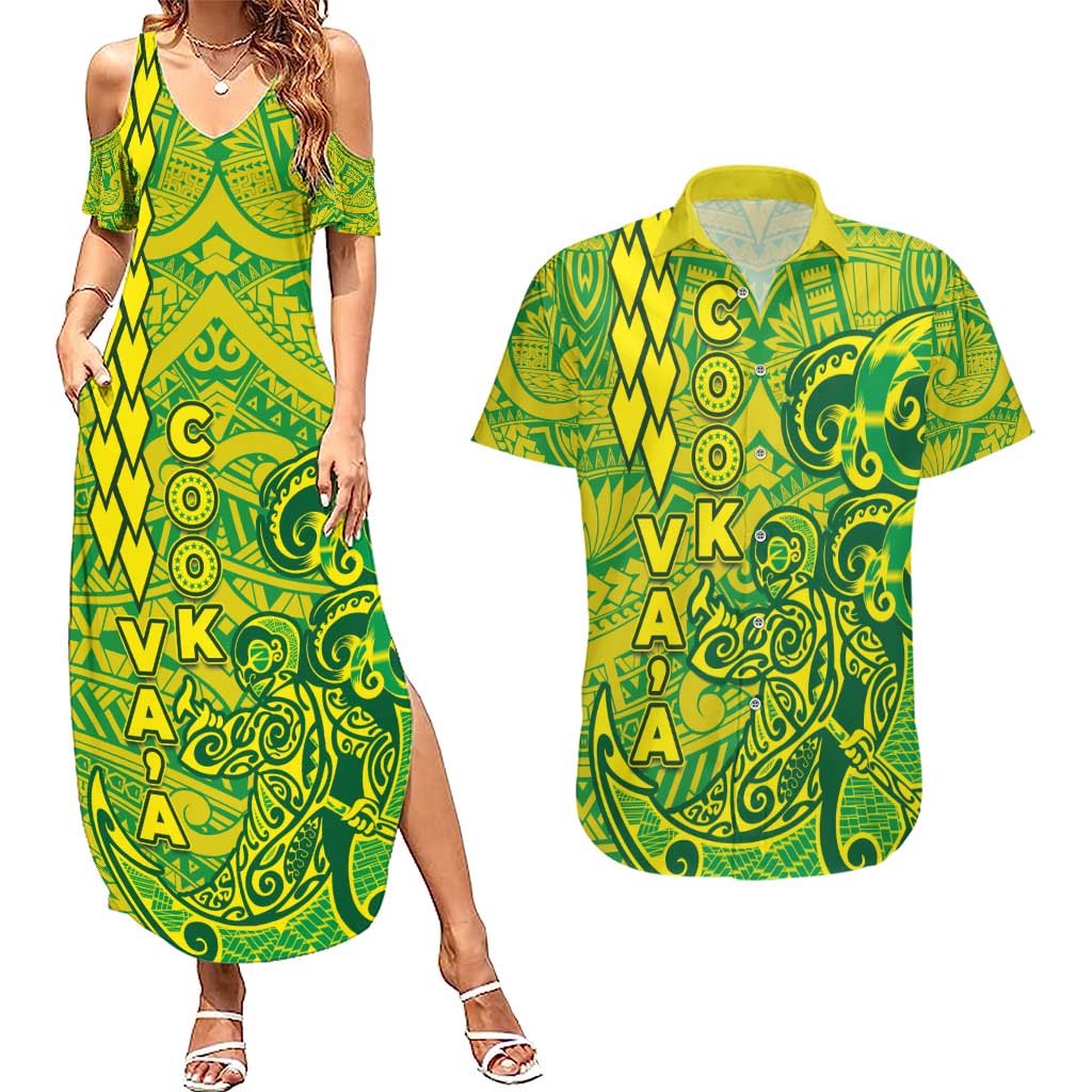 Cook Islands Vaa Polynesian Art Tattoo Couples Matching Summer Maxi Dress and Hawaiian Shirt National Color