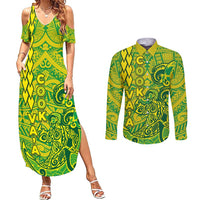 Cook Islands Vaa Polynesian Art Tattoo Couples Matching Summer Maxi Dress and Long Sleeve Button Shirt National Color