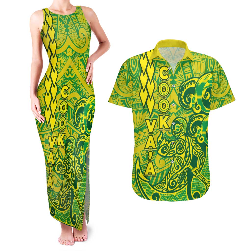 Cook Islands Vaa Polynesian Art Tattoo Couples Matching Tank Maxi Dress and Hawaiian Shirt National Color