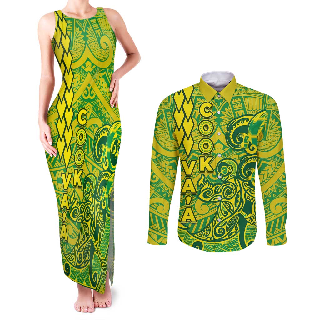 Cook Islands Vaa Polynesian Art Tattoo Couples Matching Tank Maxi Dress and Long Sleeve Button Shirt National Color