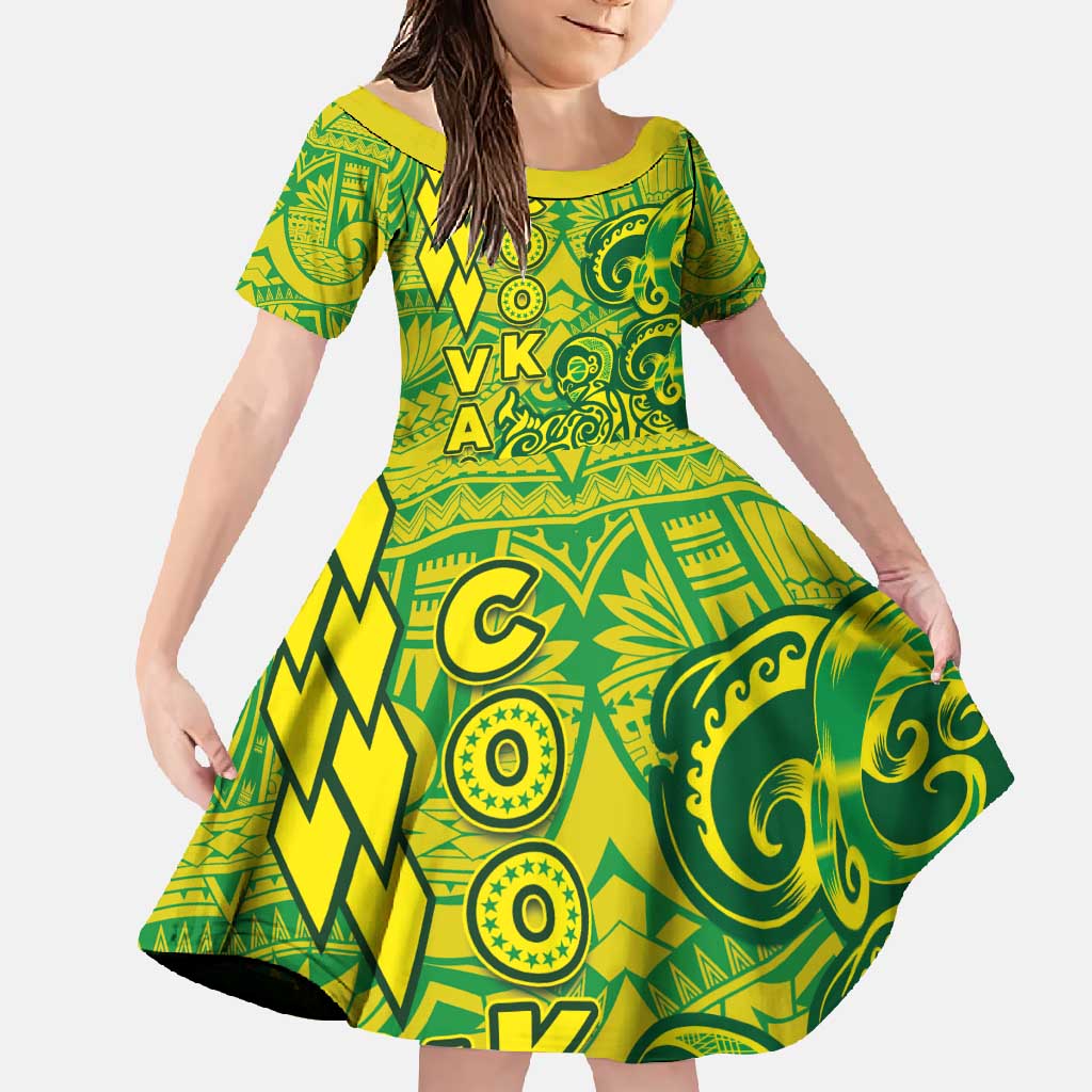 Cook Islands Va'a Polynesian Art Tattoo Family Matching Long Sleeve Bodycon Dress and Hawaiian Shirt National Color LT03 Daughter's Dress Green - Yellow - Polynesian Pride