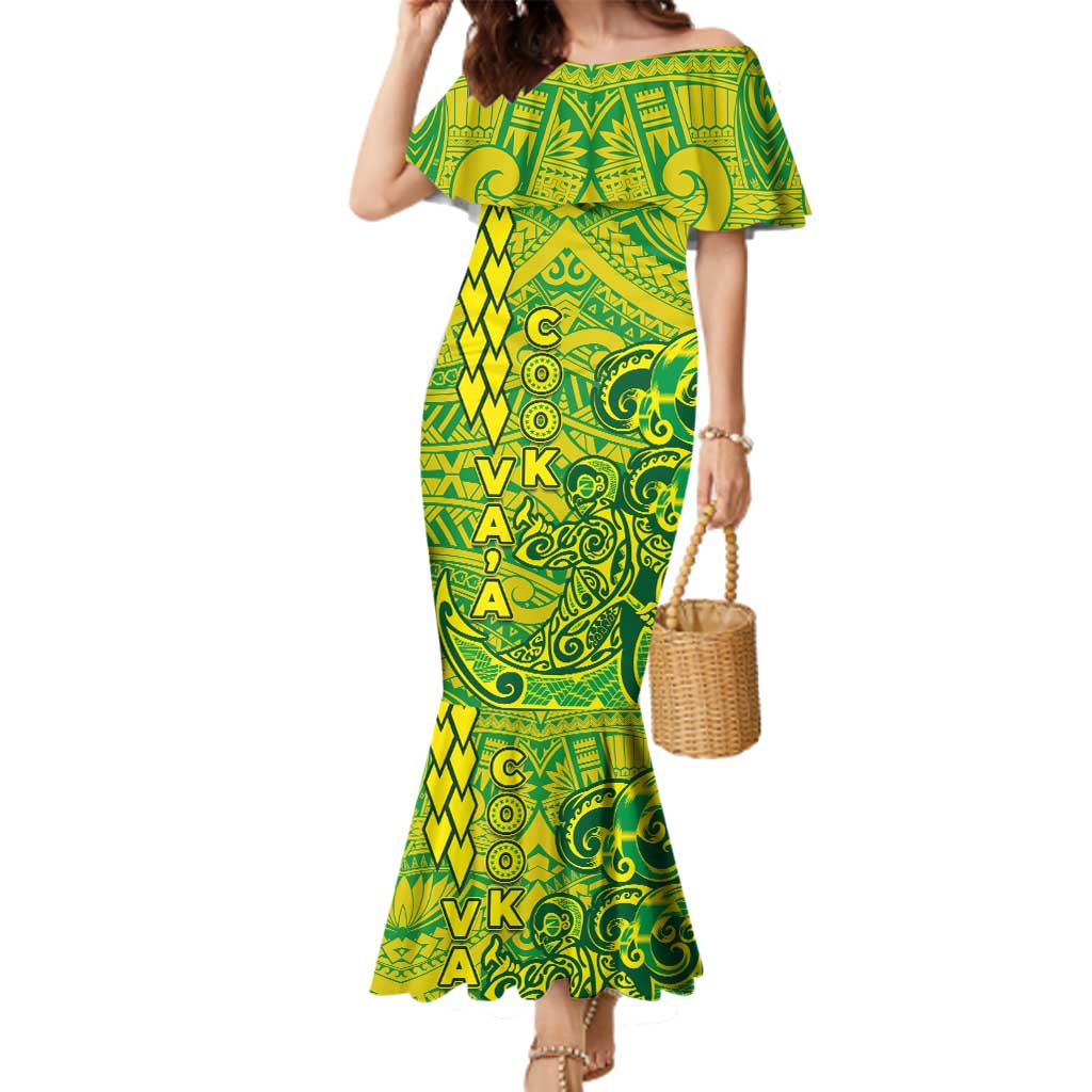 Cook Islands Va'a Polynesian Art Tattoo Family Matching Mermaid Dress and Hawaiian Shirt National Color LT03 Mom's Dress Green - Yellow - Polynesian Pride