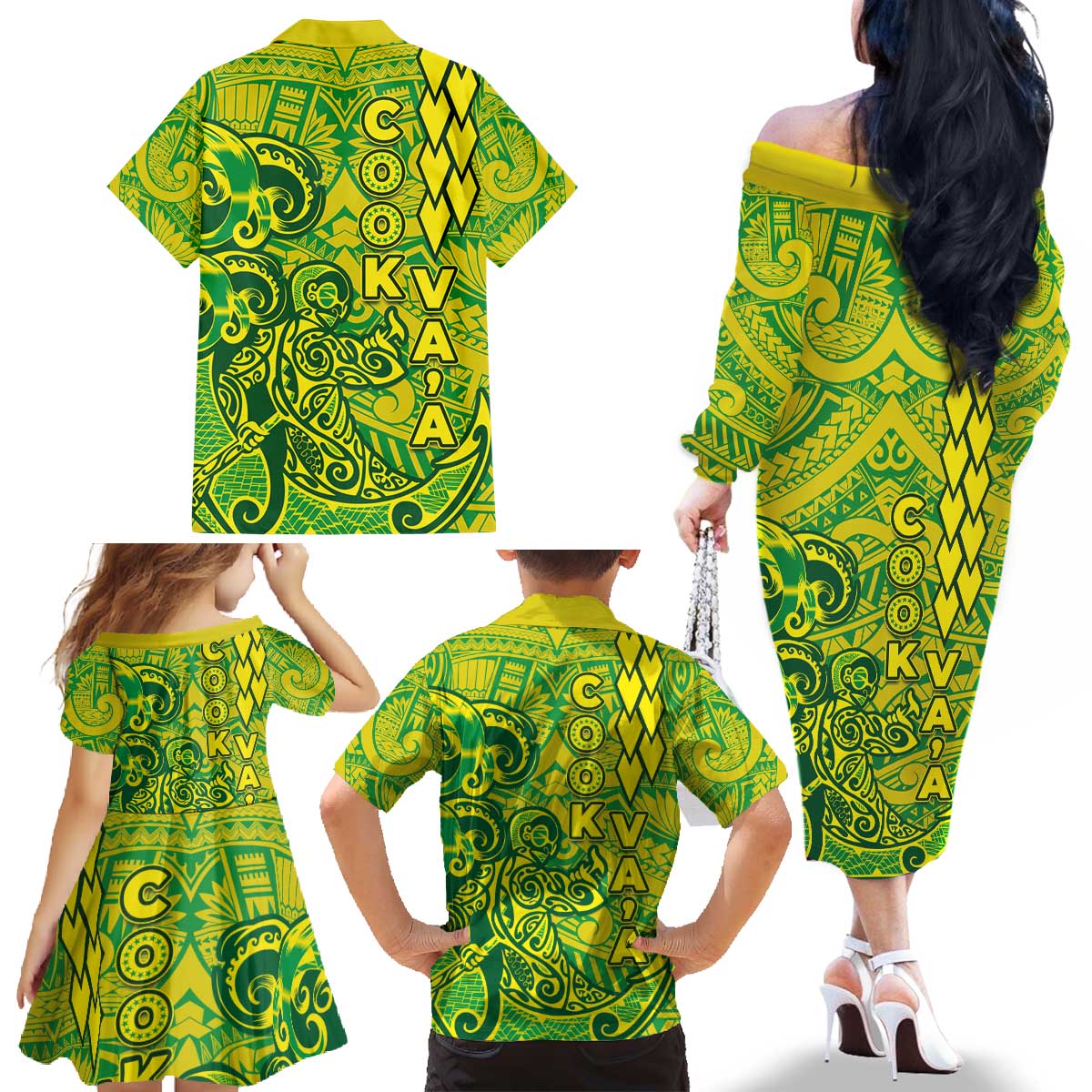 Cook Islands Vaa Polynesian Art Tattoo Family Matching Off The Shoulder Long Sleeve Dress and Hawaiian Shirt National Color