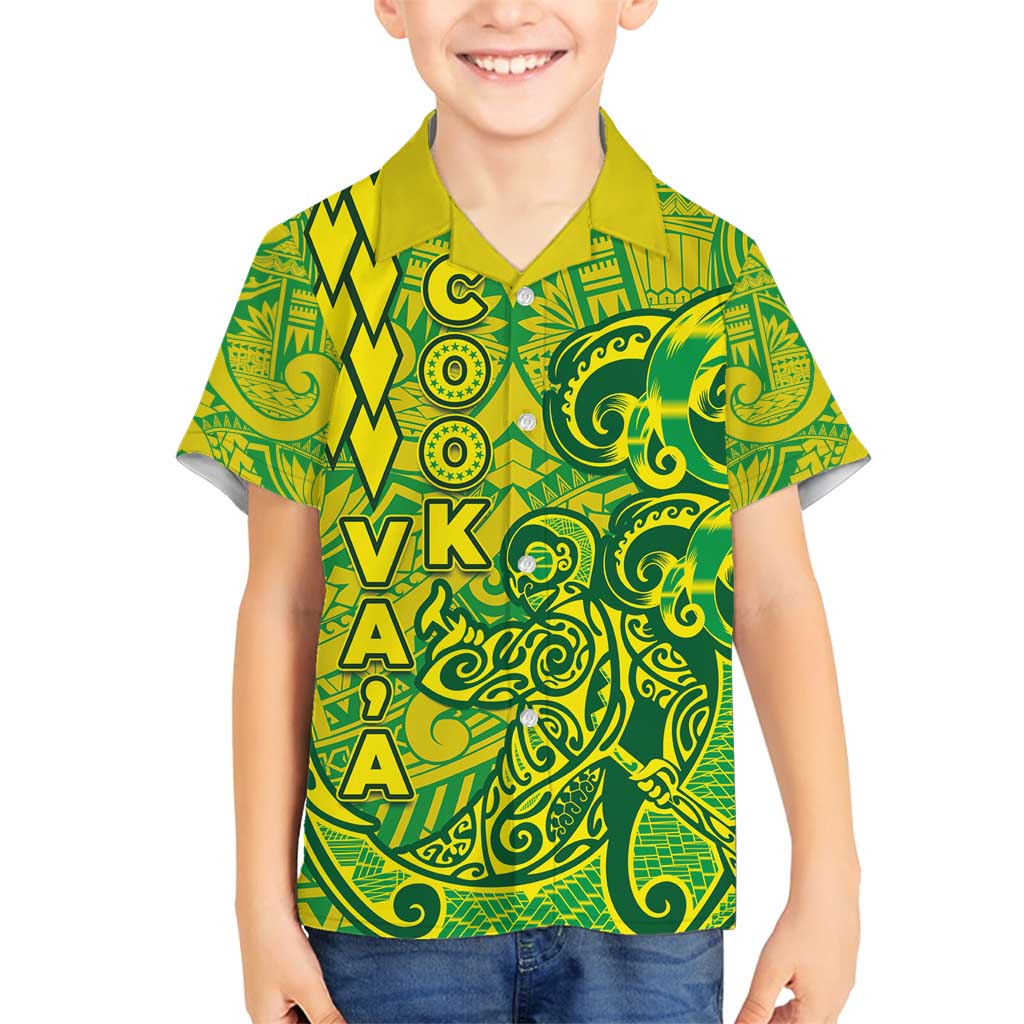 Cook Islands Va'a Polynesian Art Tattoo Family Matching Off Shoulder Maxi Dress and Hawaiian Shirt National Color LT03 Son's Shirt Green - Yellow - Polynesian Pride