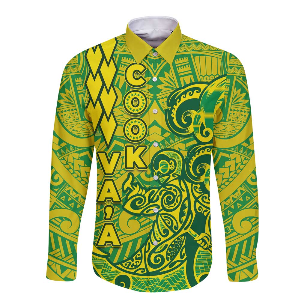 Cook Islands Va'a Polynesian Art Tattoo Long Sleeve Button Shirt National Color LT03 Unisex Green - Yellow - Polynesian Pride