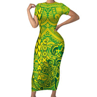 Cook Islands Va'a Polynesian Art Tattoo Short Sleeve Bodycon Dress National Color LT03 Long Dress Green - Yellow - Polynesian Pride