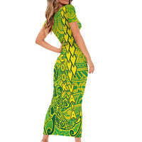 Cook Islands Va'a Polynesian Art Tattoo Short Sleeve Bodycon Dress National Color LT03 - Polynesian Pride