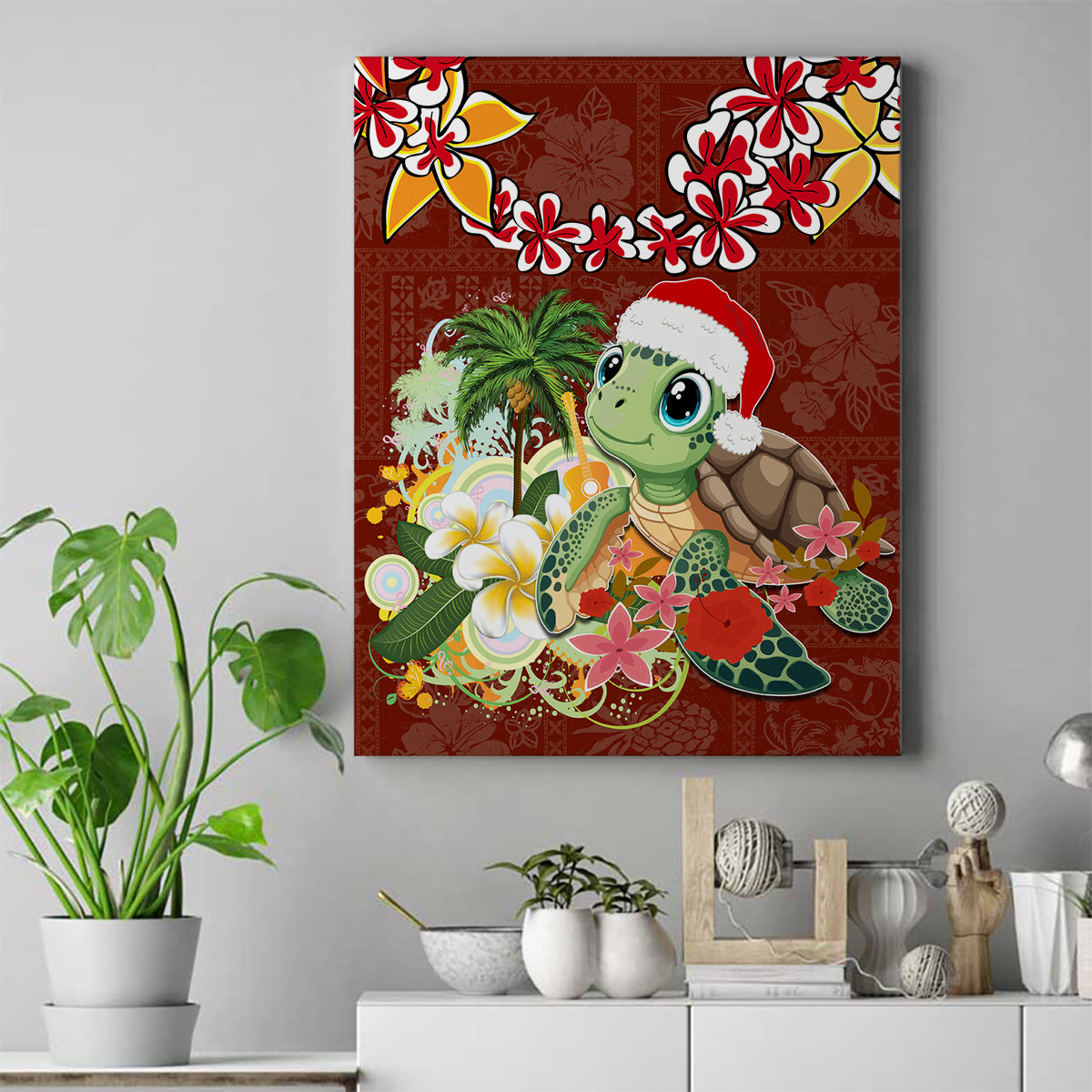 Hawaii Honu Mele Kalikimaka Canvas Wall Art Santa Tropical Flower Aloha Summer Red Version LT03 Red - Polynesian Pride