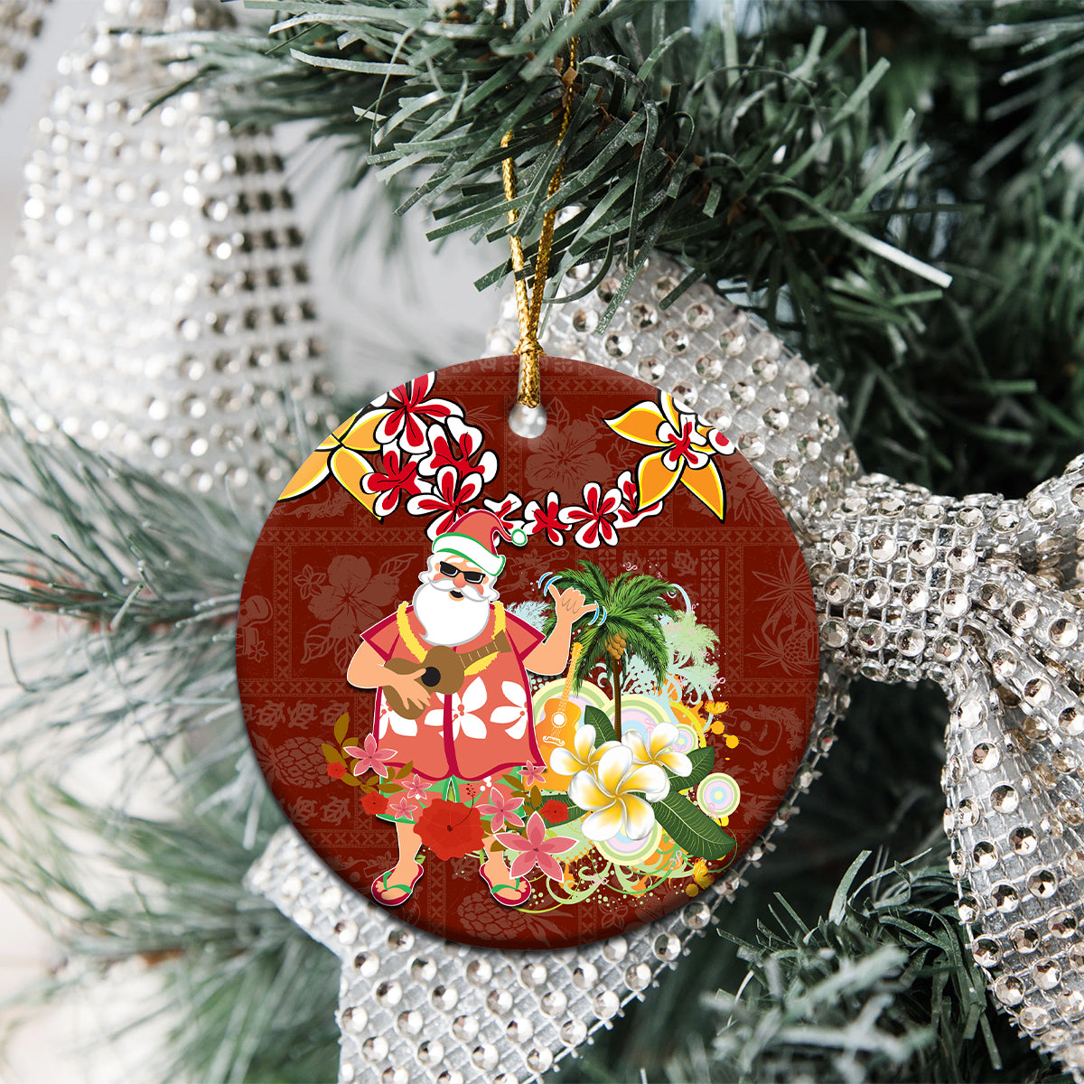 Hawaii Honu Mele Kalikimaka Ceramic Ornament Santa Tropical Flower Aloha Summer Red Version LT03 - Polynesian Pride