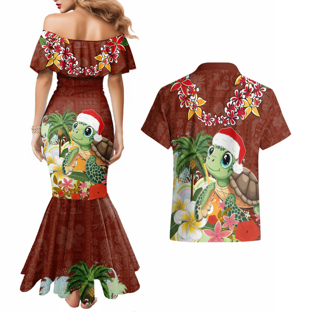 Hawaii Honu Mele Kalikimaka Couples Matching Mermaid Dress and Hawaiian Shirt Santa Tropical Flower Aloha Summer Red Version LT03 - Polynesian Pride
