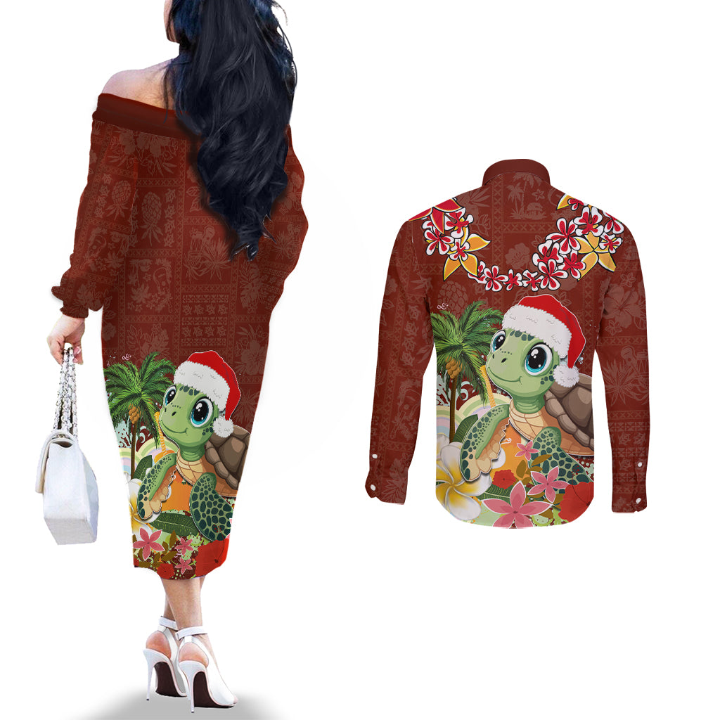 Hawaii Honu Mele Kalikimaka Couples Matching Off The Shoulder Long Sleeve Dress and Long Sleeve Button Shirt Santa Tropical Flower Aloha Summer Red Version LT03 - Polynesian Pride