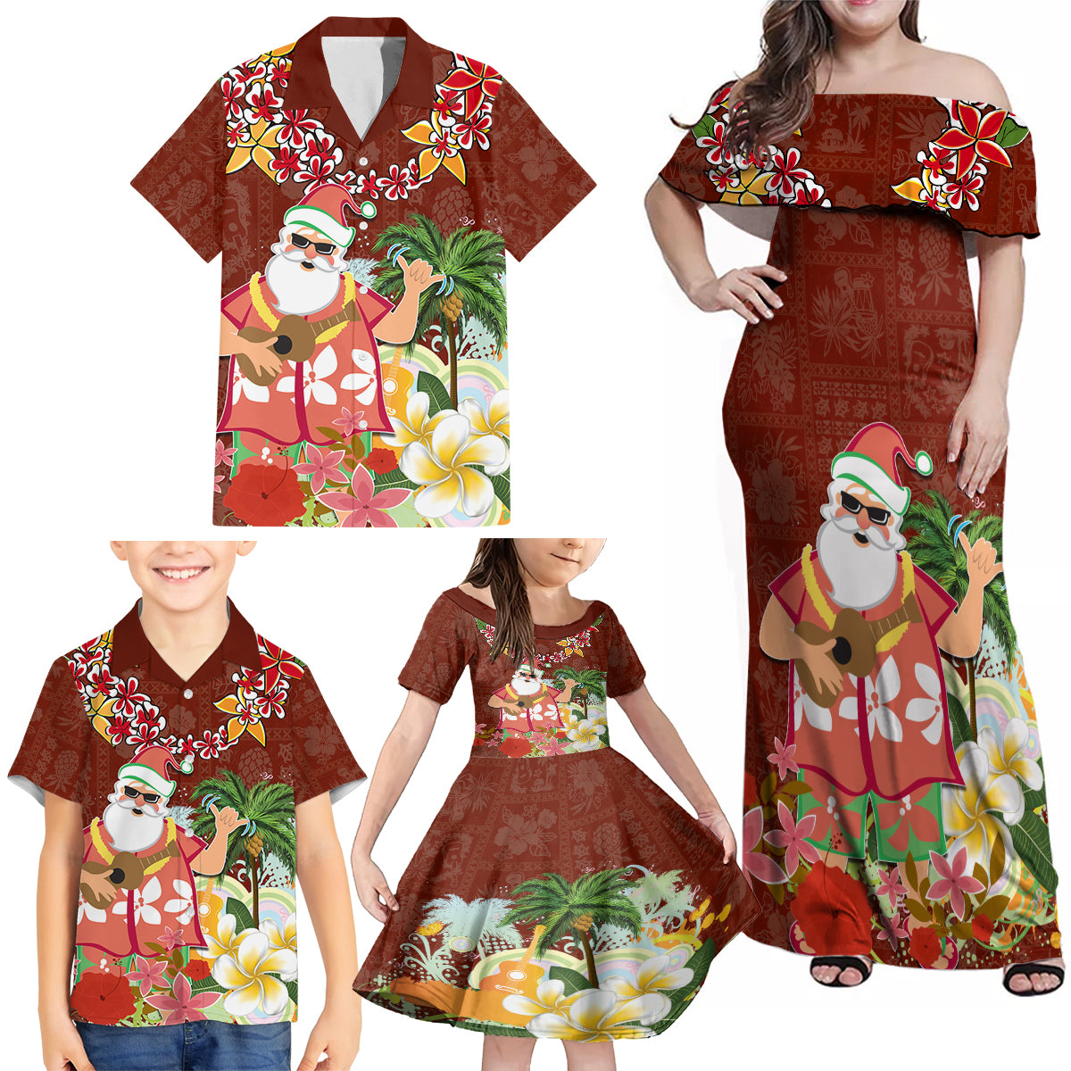 Hawaii Honu Mele Kalikimaka Family Matching Off Shoulder Maxi Dress and Hawaiian Shirt Santa Tropical Flower Aloha Summer Red Version LT03 - Polynesian Pride