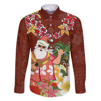 Hawaii Honu Mele Kalikimaka Family Matching Off Shoulder Short Dress and Hawaiian Shirt Santa Tropical Flower Aloha Summer Red Version LT03 Dad's Shirt - Long Sleeve Red - Polynesian Pride