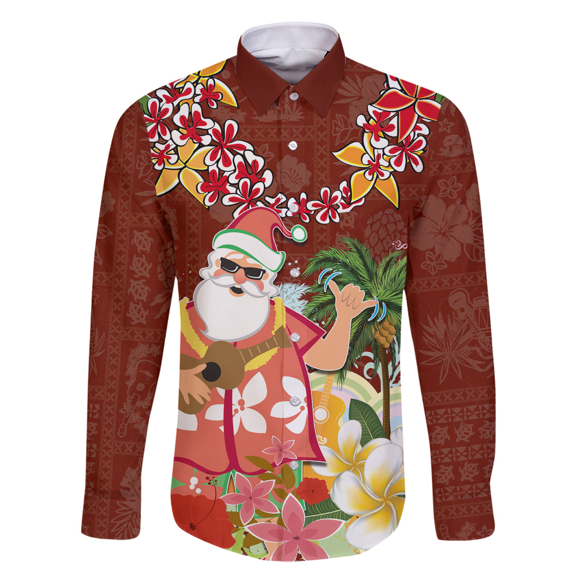 Hawaii Honu Mele Kalikimaka Family Matching Summer Maxi Dress and Hawaiian Shirt Santa Tropical Flower Aloha Summer Red Version LT03 Dad's Shirt - Long Sleeve Red - Polynesian Pride