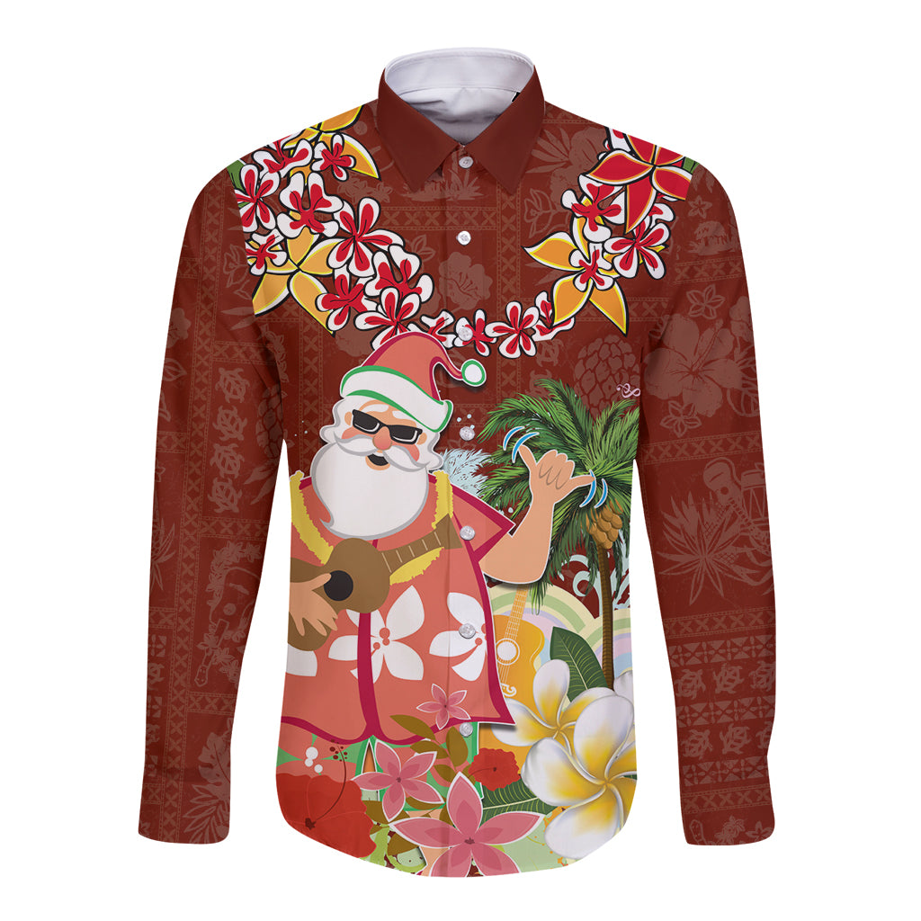 Hawaii Honu Mele Kalikimaka Long Sleeve Button Shirt Santa Tropical Flower Aloha Summer Red Version LT03 Unisex Red - Polynesian Pride