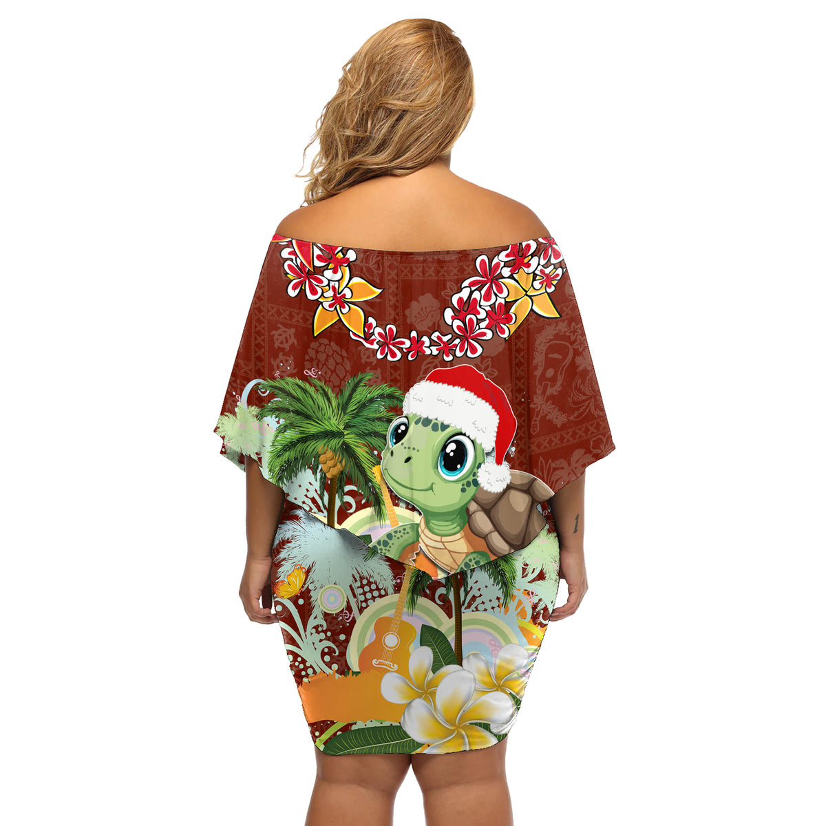Hawaii Honu Mele Kalikimaka Off Shoulder Short Dress Santa Tropical Flower Aloha Summer Red Version LT03 - Polynesian Pride