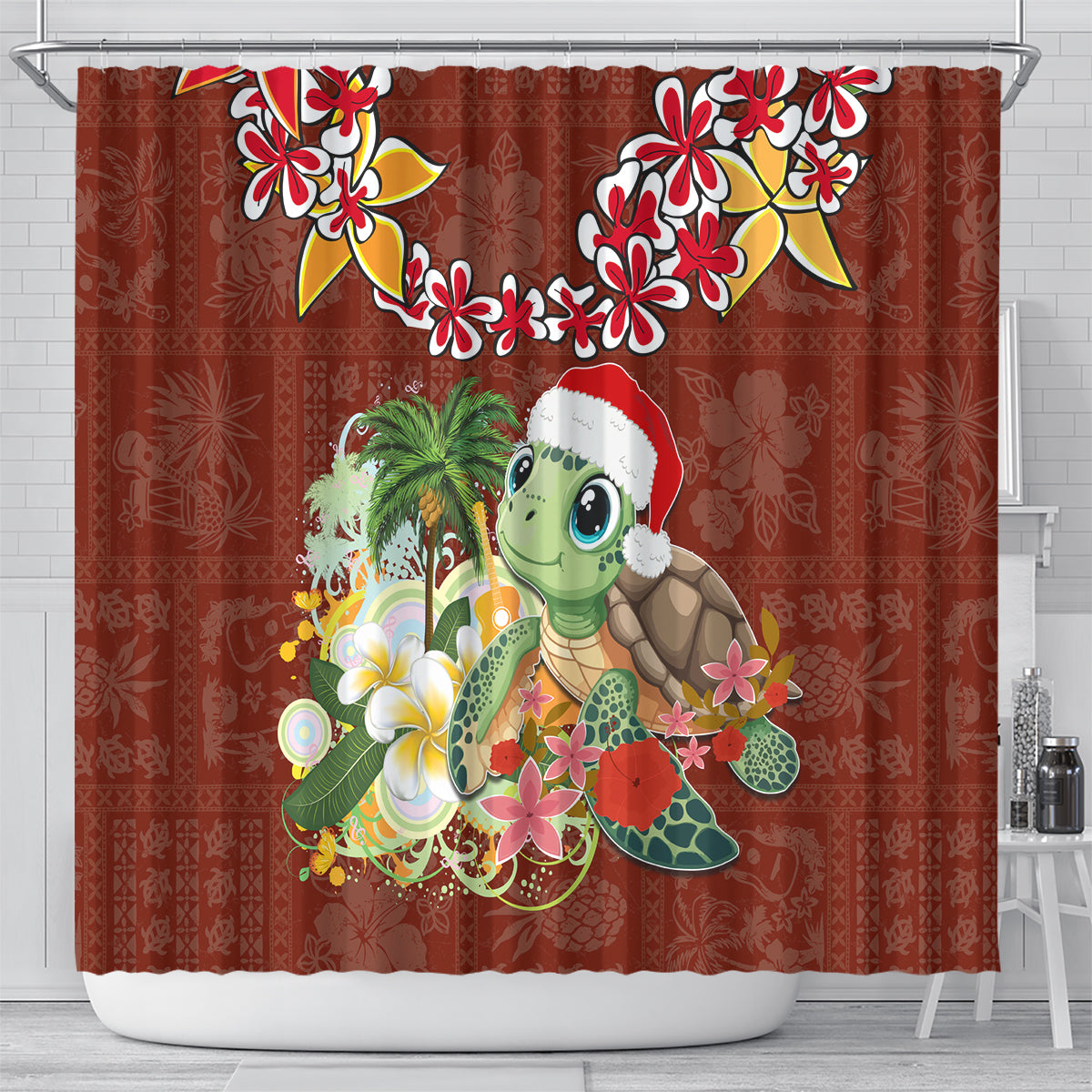 Hawaii Honu Mele Kalikimaka Shower Curtain Santa Tropical Flower Aloha Summer Red Version LT03 - Polynesian Pride
