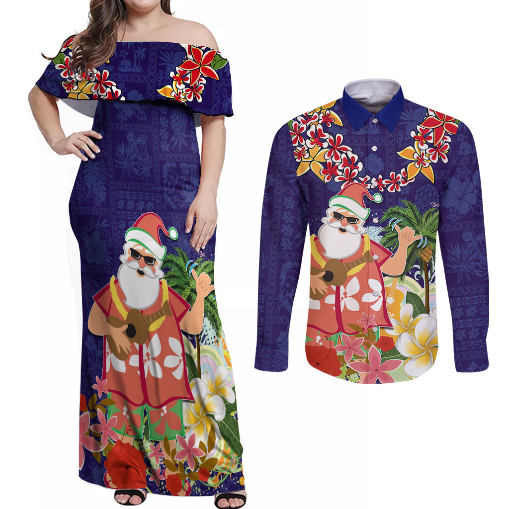 Hawaii Honu Mele Kalikimaka Couples Matching Off Shoulder Maxi Dress and Long Sleeve Button Shirt Santa Tropical Flower Aloha Summer Blue Version LT03 Blue - Polynesian Pride