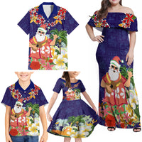 Hawaii Honu Mele Kalikimaka Family Matching Off Shoulder Maxi Dress and Hawaiian Shirt Santa Tropical Flower Aloha Summer Blue Version LT03 - Polynesian Pride