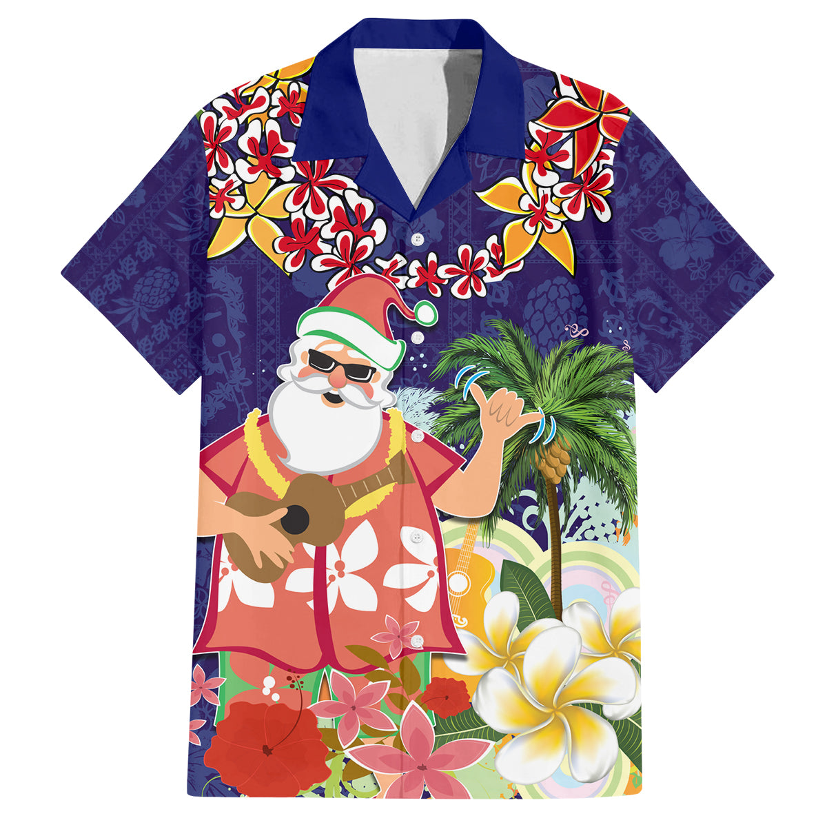 Hawaii Honu Mele Kalikimaka Family Matching Off Shoulder Maxi Dress and Hawaiian Shirt Santa Tropical Flower Aloha Summer Blue Version LT03 Dad's Shirt - Short Sleeve Blue - Polynesian Pride